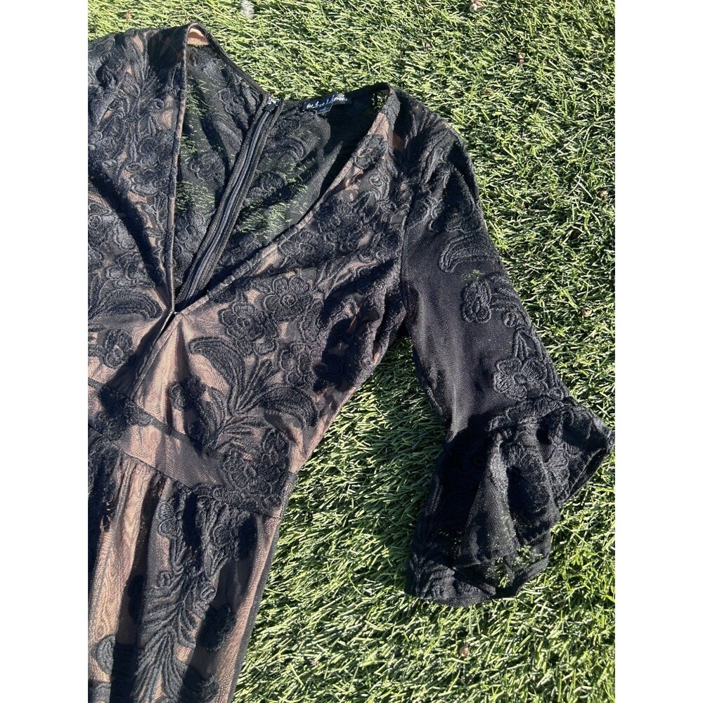 For Love & Lemons Temecula Embroidered Mesh Mini Dress Black Nude S - Picture 5 of 11